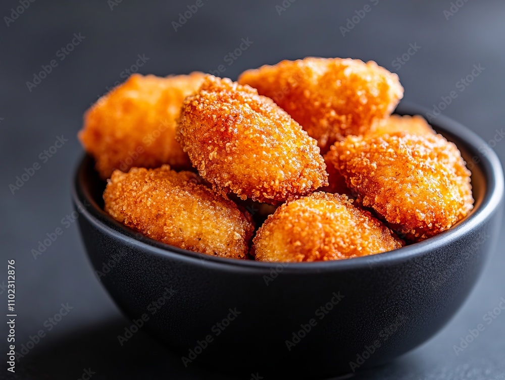 A black bowl filled with fried chicken nuggets on top of a table A black bowl filled with fried chicken nuggets on top of a table
