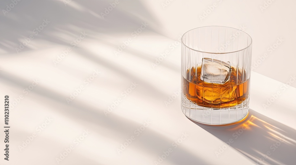 Elegant whiskey glass with ice cubes on light background showcasing rich amber liquid and soft shadows representing sophistication and relaxation in drinking experience