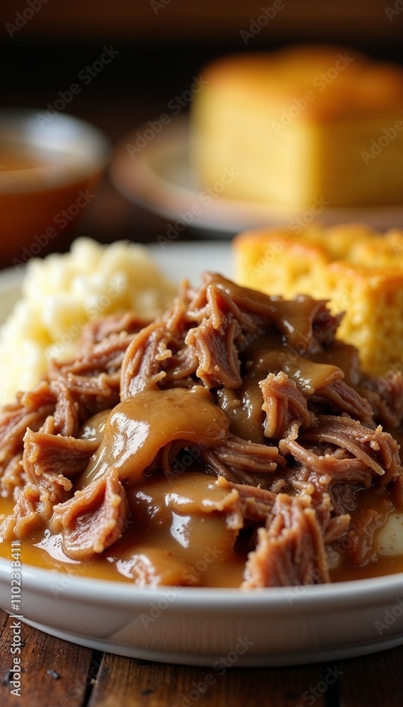 Pulled pork with gravy served with mashed potatoes and cornbread on a rustic plate, food concept