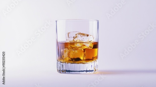 A Crystal Clear Glass with Ice Cubes Holds Rich Golden Brown Whiskey Against a Light Background, Perfect for Beverage Lovers and Cocktail Enthusiasts