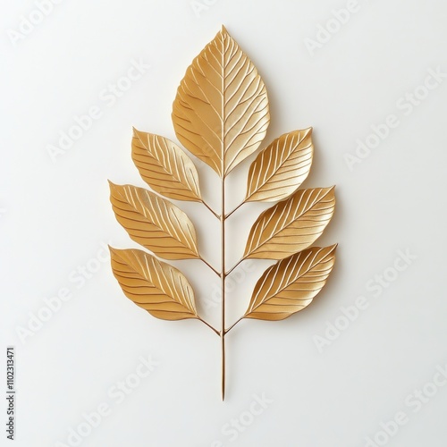Elegant Gold Leaf Arrangement on White Background, Showcasing Nature's Beauty in a Minimalist Style, Perfect for Home Decor, Graphic Design, and Botanical Inspiration