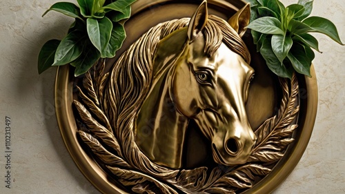 Golden horse head wall d?cor with foliage. photo