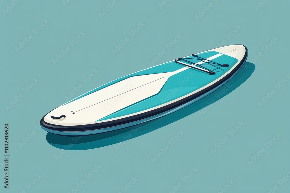 Paddleboard floats peacefully on calm water under bright blue sky in a serene location Paddleboard floats peacefully on calm water under bright blue sky in a serene location