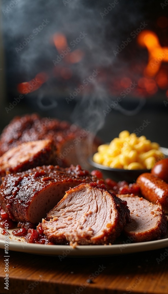 Smoked pulled pork with barbecue sauce and sides on a rustic plate, steaming in a cozy atmosphere, food concept Smoked pulled pork with barbecue sauce and sides on a rustic plate, steaming in a cozy atmosphere, food concept