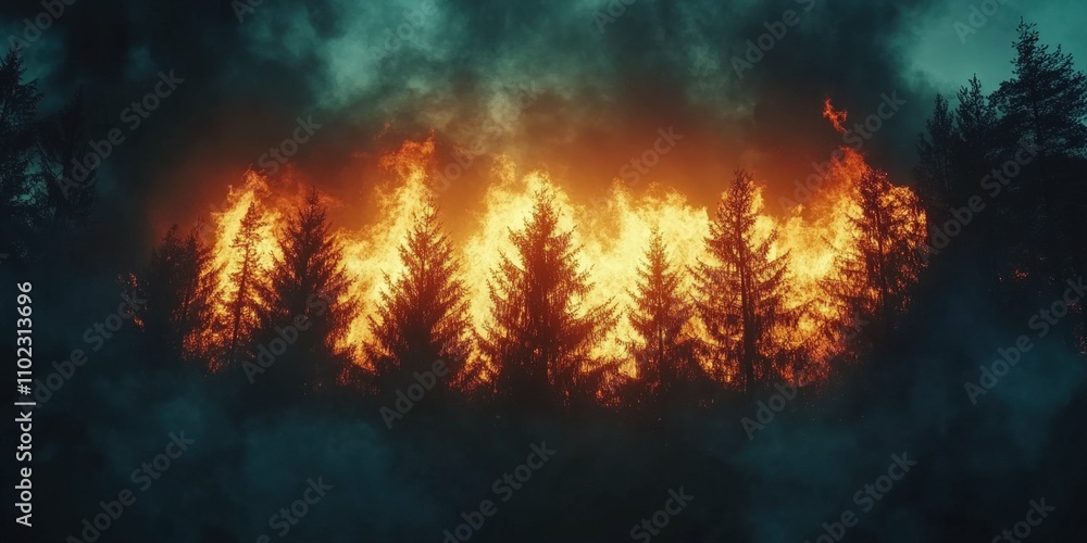 Burning forest with flames consuming trees stark contrast of fire and shadows dramatic natural disaster scene strong visual impact Burning forest with flames consuming trees stark contrast of fire and shadows dramatic natural disaster scene strong visual impact