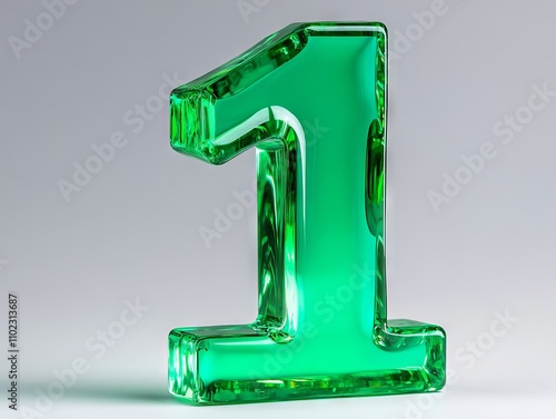 A green glass number one on a white background