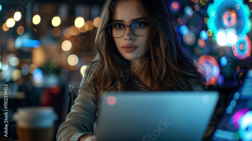 Businesswoman Coding Amidst Holographic Technology Elements