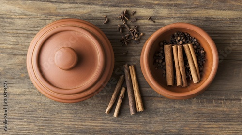 Flat lay of a small clay pot, cinnamon sticks, and cloves on a rustic wooden surface