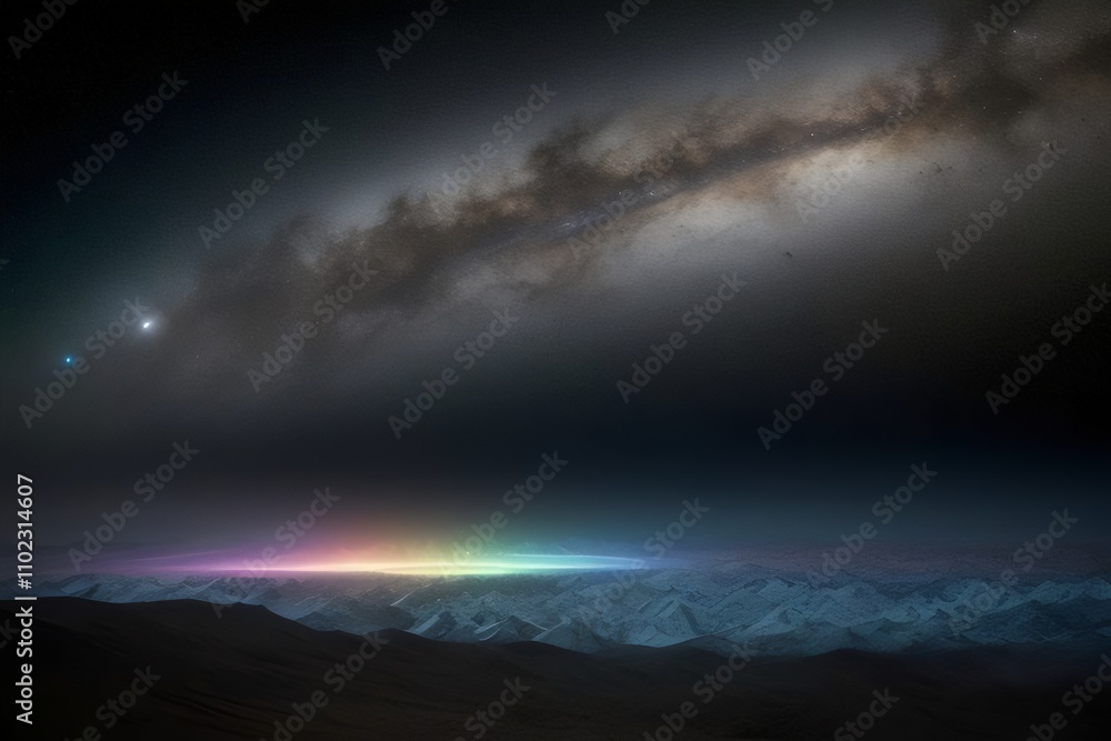 A dramatic landscape at night with a galaxy streaming across the sky, with a desert terrain below. A dramatic landscape at night with a galaxy streaming across the sky, with a desert terrain below.