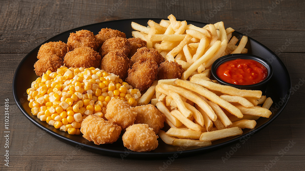 Sampler Plate with Onion Rings, Corn Nuggets, and Fries Sampler Plate with Onion Rings, Corn Nuggets, and Fries
