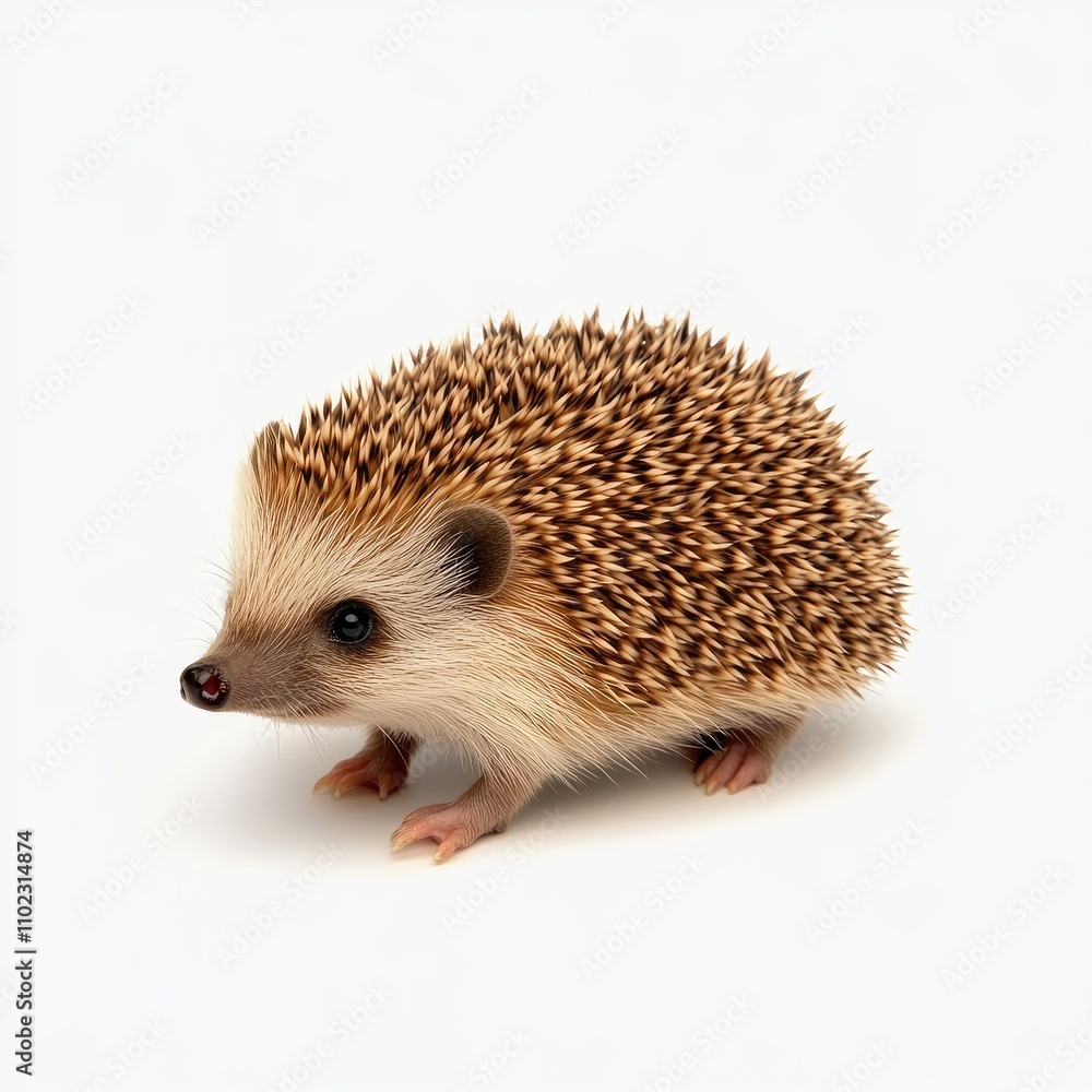 Obraz premium Adorable young hedgehog standing on a white background, showcasing its unique spines and quills with a curious expression and small paws ready to explore its environment.
