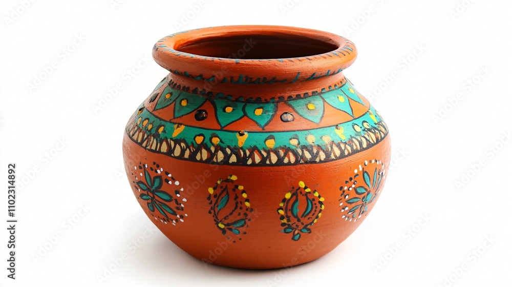 Handmade clay pot with vibrant hand-painted details, isolated on a white background Handmade clay pot with vibrant hand-painted details, isolated on a white background
