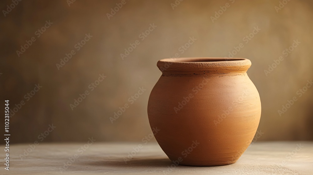 Minimalist shot of a clay pot with smooth, earthy tones on an isolated background with soft lighting Minimalist shot of a clay pot with smooth, earthy tones on an isolated background with soft lighting