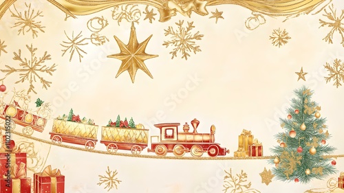 Golden Christmas train with festive gifts, ornaments, snowflakes, and holiday decorations, horizontal format photo