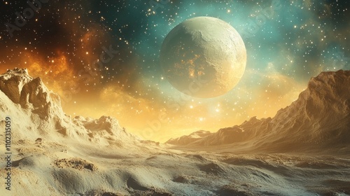 surreal alien landscape with a giant planet looming over a barren terrain.
