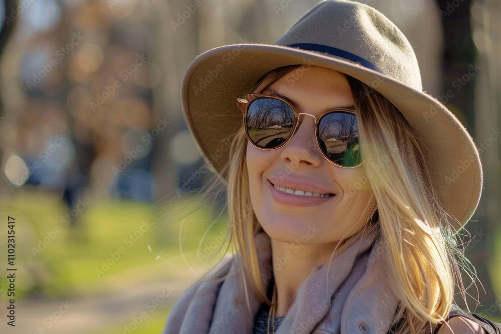 Blonde tourist woman in city park enjoying sunny spring day. Blonde tourist woman in city park enjoying sunny spring day.