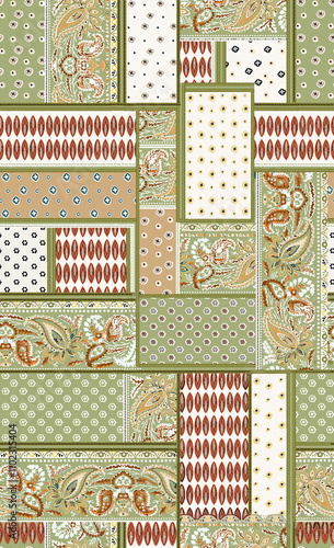 Seamless ethnic pattern of paisley and decorative floral branches. Indian motif.