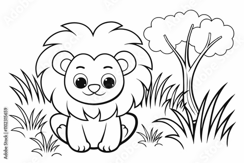 cute Lion, some grass and a tree, coloring book 