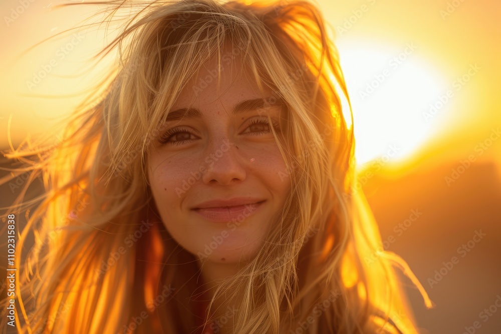 Close up portrait of happy blonde woman city sunset. Close up portrait of happy blonde woman city sunset.