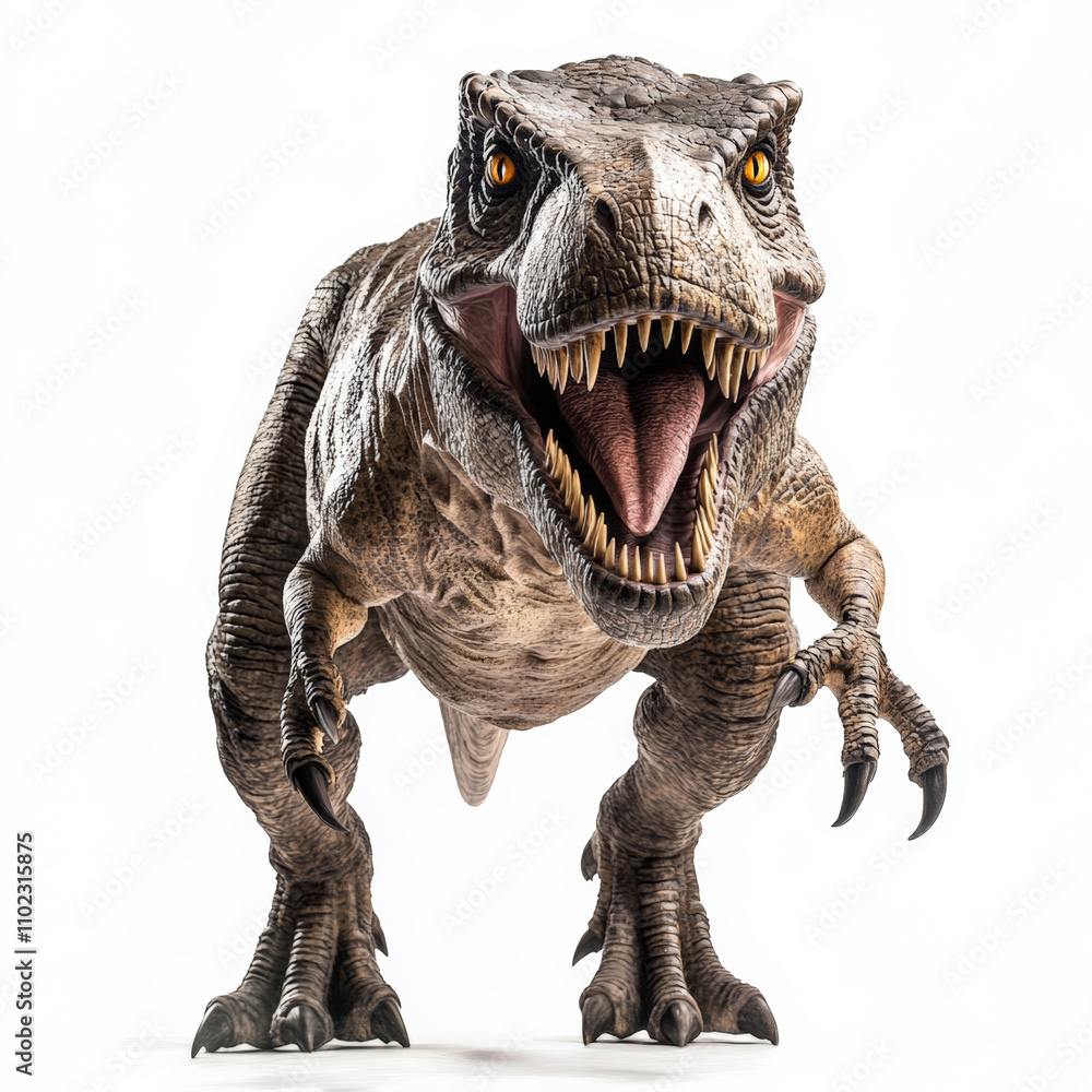 Fototapeta premium T-Rex roaring into the camera, body turned with face to the front, white background