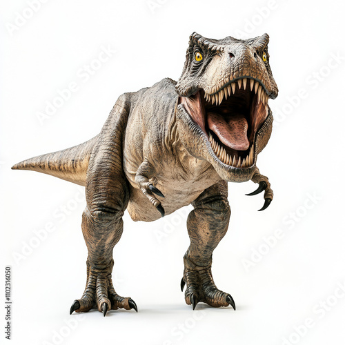 T-Rex roaring into the camera, body turned with face to the front, white background