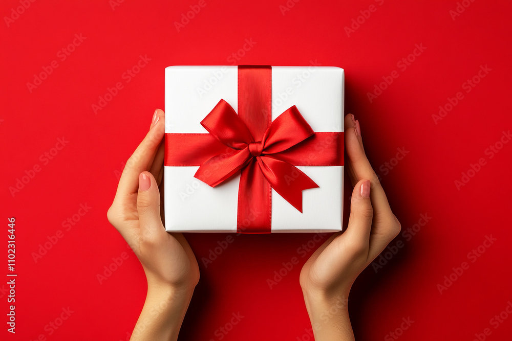 Close-up of hands holding a gift box with a red ribbon bow, Close-up of hands holding a gift box with a red ribbon bow,