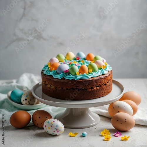 bright easter cake kulich decorated with sweet multi-colored eggs with cream on a white background photo