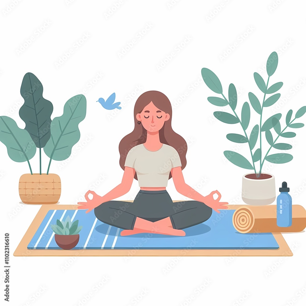 Flat Style Illustration of a Woman Practicing Meditation on a Mat, White Background Flat Style Illustration of a Woman Practicing Meditation on a Mat, White Background