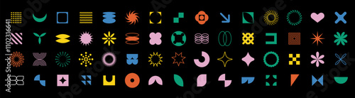 et of futuristic geometric shapes in brutalist style, featuring minimalistic elements like stars, circles, and spirals for a sleek, modern design.