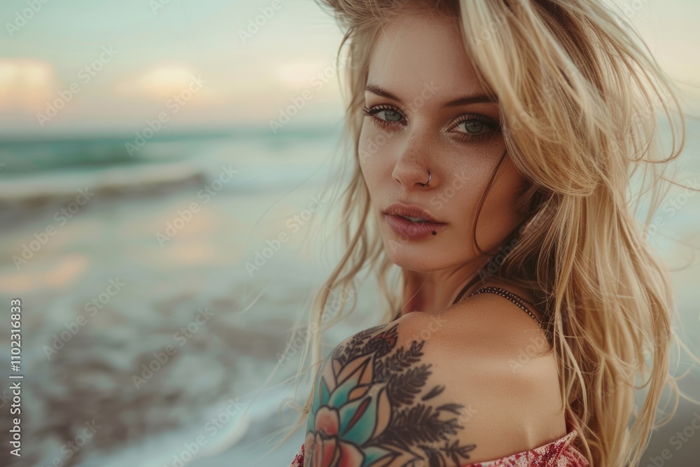 Blonde lady with flash tattoo at beach fashion portrait. Blonde lady with flash tattoo at beach fashion portrait.