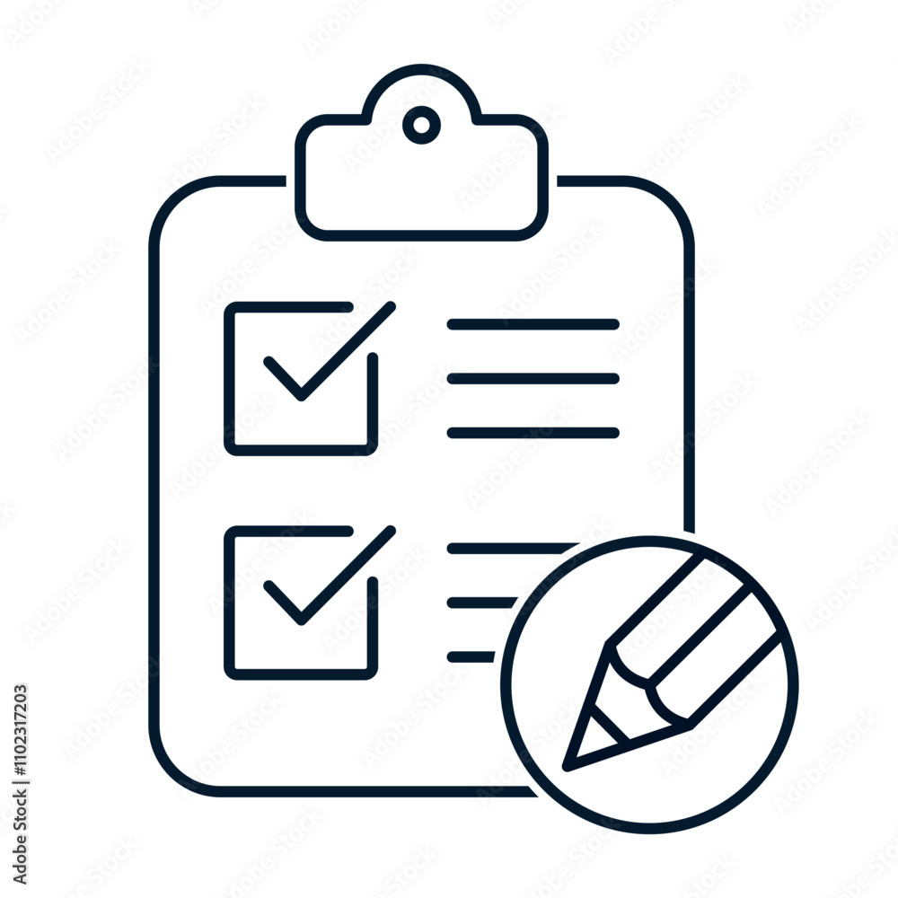 Clipboard, check mark, pencil. Concept of pass the test, fill out the questionnaire. Vector linear icon isolated on white background. Clipboard, check mark, pencil. Concept of pass the test, fill out the questionnaire. Vector linear icon isolated on white background.