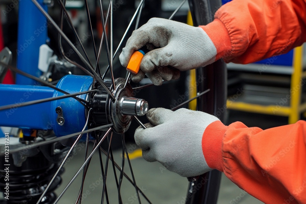 Fototapeta premium Handling bicycle repairs with skill and precision in a workshop setting. Generative AI