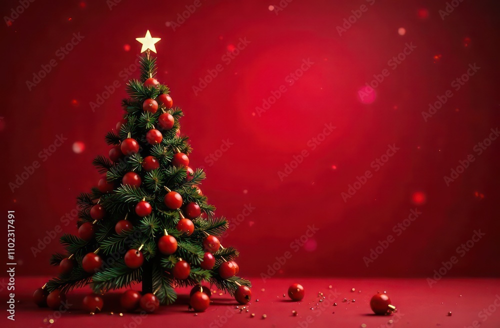 Christmas tree made of many berries on a red background with garlands and bokeh, copy space Christmas tree made of many berries on a red background with garlands and bokeh, copy space