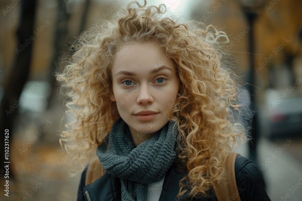 Blonde woman walking on street turns to camera. Blonde woman walking on street turns to camera.