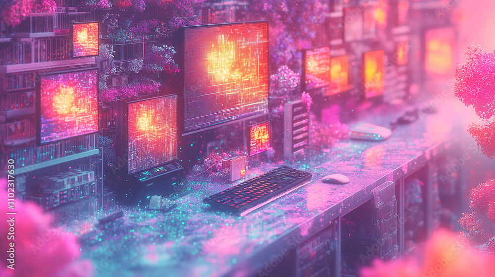 Futuristic workspace surrounded by vibrant digital landscapes and glowing screens in an imaginative environment. Generative AI Futuristic workspace surrounded by vibrant digital landscapes and glowing screens in an imaginative environment. Generative AI