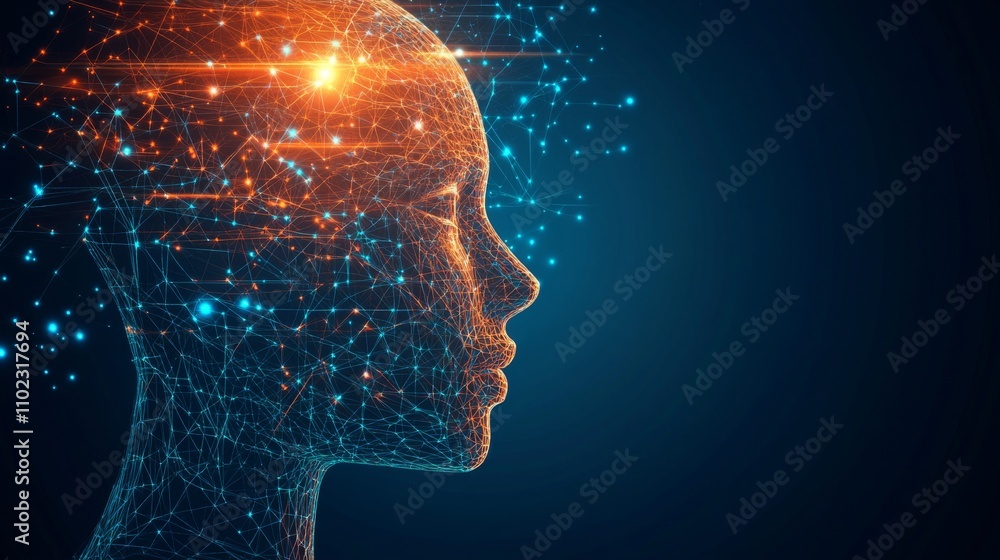 Obraz premium Abstract profile of a human head, showcasing the intricate network of connections and the future of technology and artificial intelligence.