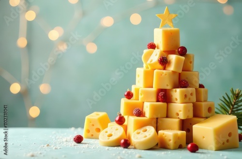 Christmas tree made of many cheeses on a light background with garlands and bokeh, copy space