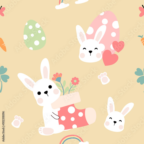 Seamless pattern with art design elements, and colorful Easter eggs.