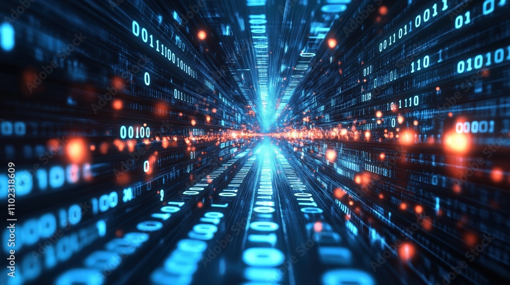 Binary Code Streams Disrupted by Luminous Shields Creating Dynamic Patterns of Light Scattering in a Futuristic Digital Landscape Binary Code Streams Disrupted by Luminous Shields Creating Dynamic Patterns of Light Scattering in a Futuristic Digital Landscape