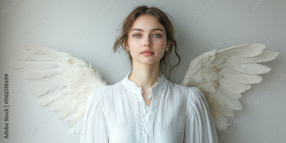 Woman with angel wings on a white background confident expression studio lighting with soft shadows minimalistic and ethereal design Woman with angel wings on a white background confident expression studio lighting with soft shadows minimalistic and ethereal design
