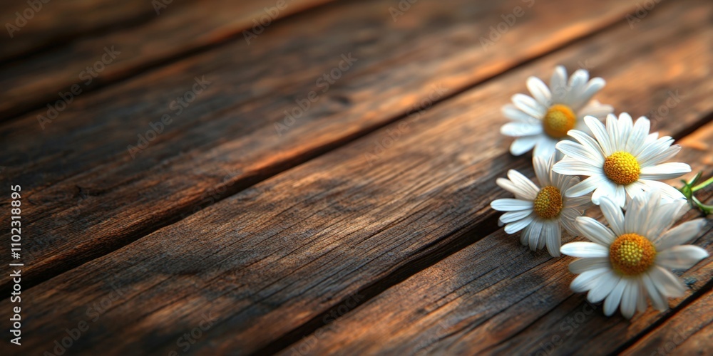 Obraz premium white daisies placed diagonally on brown wooden planks rustic texture studio lighting with soft shadows nature-inspired minimalistic design
