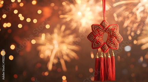 Traditional ornament with festive fireworks backdrop.