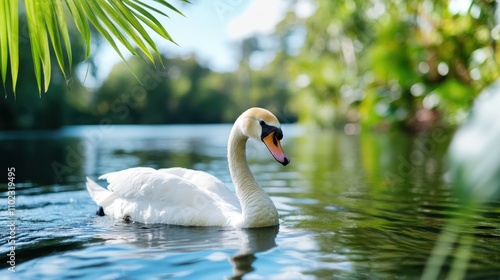 A graceful swan elegantly glides across a serene lake surrounded by lush greenery, embodying tranquility and the beauty of untouched nature in calm waters. photo