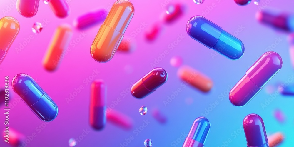 floating capsules in vibrant colors on a gradient background dynamic modern arrangement with a pharmaceutical theme floating capsules in vibrant colors on a gradient background dynamic modern arrangement with a pharmaceutical theme