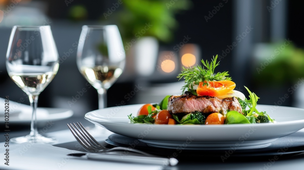 An elegant dinner setting featuring a gourmet dish with vegetables and herbs, accentuated by two glasses of white wine, ready for a fine dining experience. An elegant dinner setting featuring a gourmet dish with vegetables and herbs, accentuated by two glasses of white wine, ready for a fine dining experience.