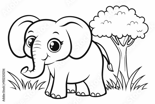 cute Elephant, some grass and a tree, coloring book 