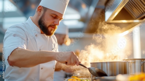 A focused chef in a professional kitchen passionately prepares a meal, surrounded by steam and culinary equipment, showcasing dedication and skill. photo