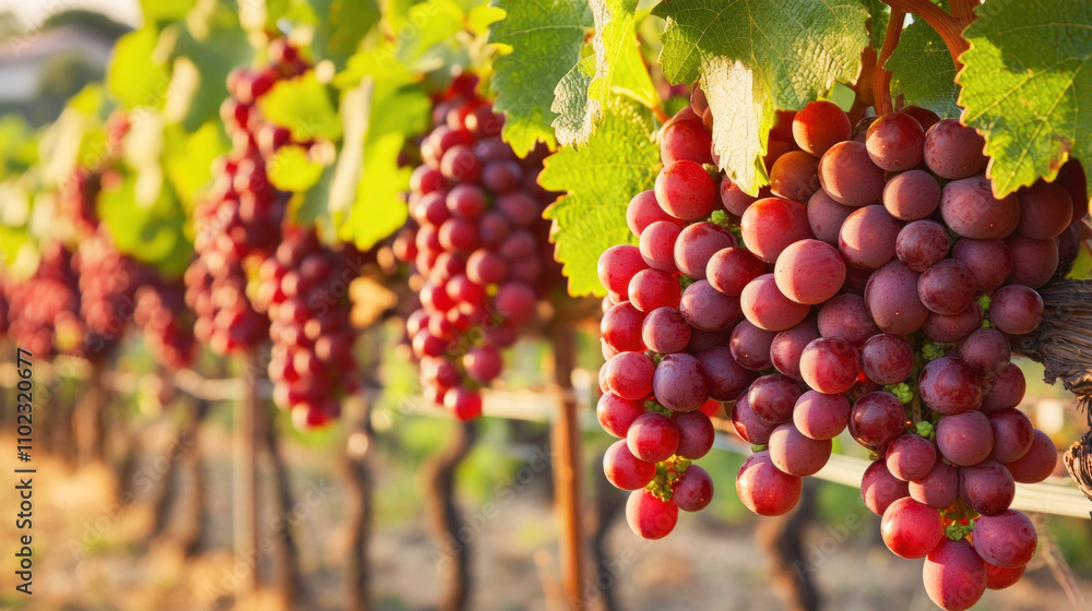 Bunches of ripe red grapes hanging in vineyard rows during sunset time Bunches of ripe red grapes hanging in vineyard rows during sunset time