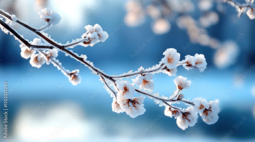 Frosted blossoms stand out on a branch as winter sunlight softly illuminates them, representing resilience and beauty amidst the cold captured in nature's embrace. Frosted blossoms stand out on a branch as winter sunlight softly illuminates them, representing resilience and beauty amidst the cold captured in nature's embrace.