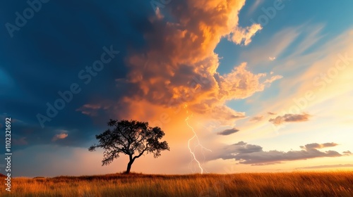 A striking image featuring a solitary tree under a dramatic sunset sky, with a bright bolt of lightning cutting through colorful storm clouds, evoking awe and wonder. photo